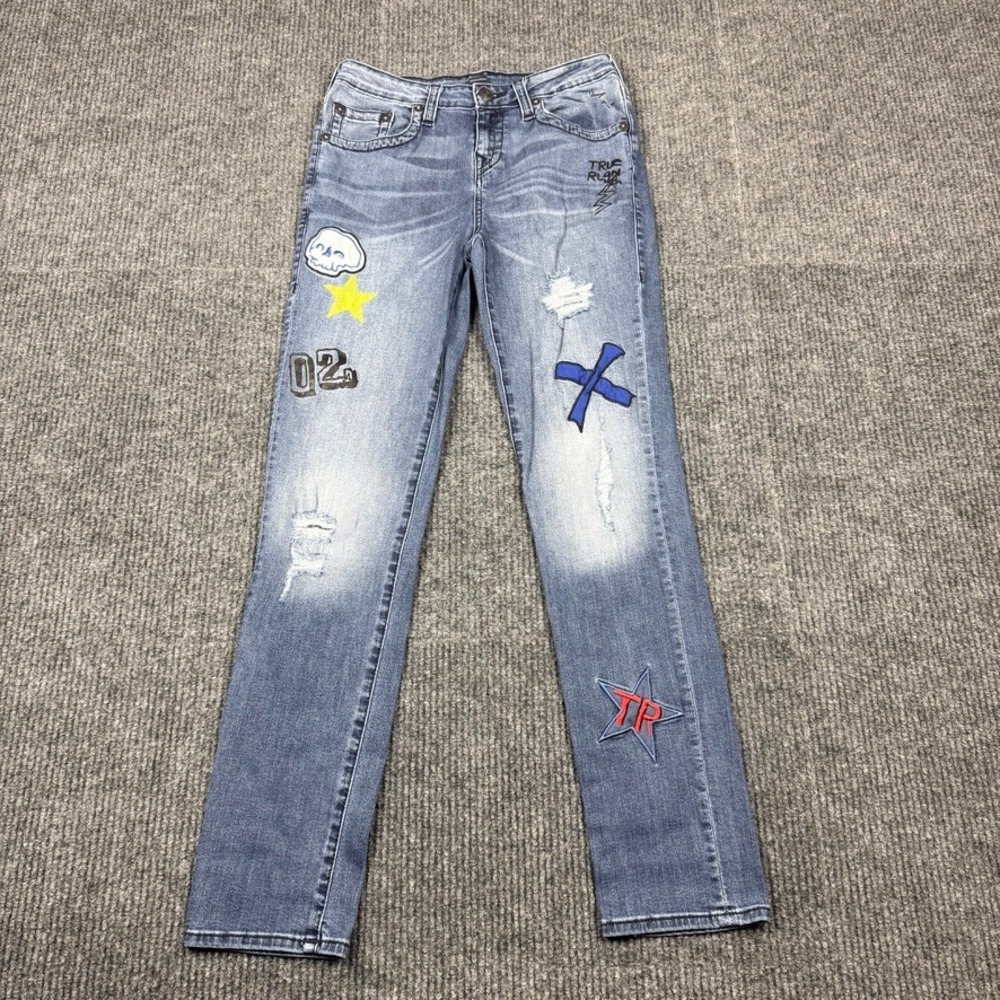 True Religion Rocco Skinny Jeans Kids Size 20 Blue Patch Graphic TR937JN189